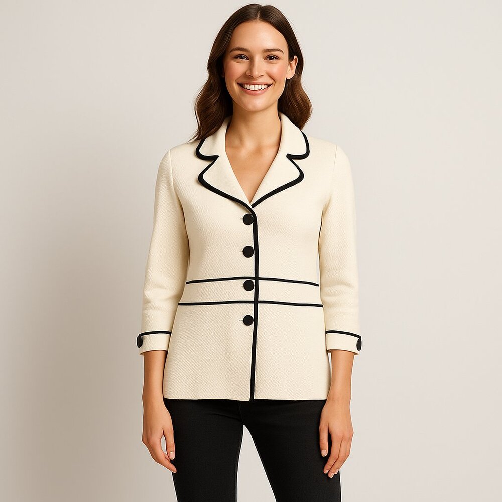 Contemporaine Cream Knit Sweater with Black Trim (Medium)
